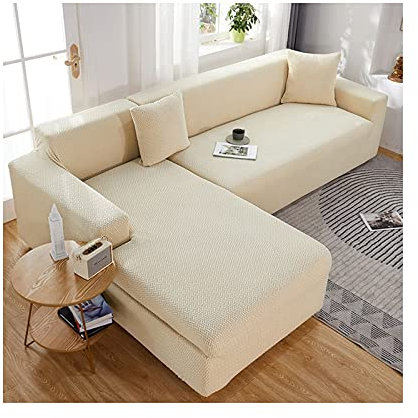 Daesar Überwürfe Sofabezug Ecksofa Polyester, Sofabezug Stretch Wasserdicht 235-300 L Form Champagner Couchbezug für Eckcouch 3 Sitzer