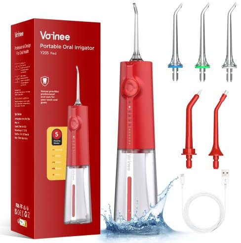 Voinee Care Munddusche Kabellos,Oral irrigator professional mit 5 Reinigungs-Modi, 6 Druckstufen und 5 um 360°drehbaren Ersatzdüsen,IPX7 Wasserdicht,für die Zahnreinigung (Rot)