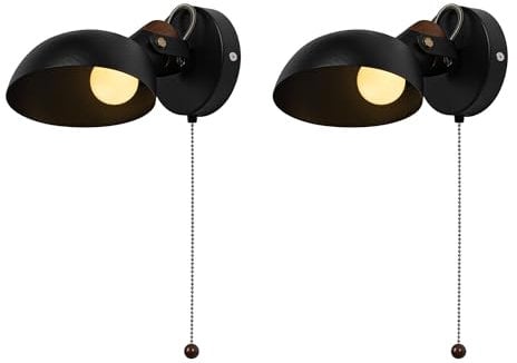 Aisilan 2Pcs Wall Lights with Pull Cord, Rotatable Vintage Wall Light with E14 LED Bulb, Surface Mount Metal and Wood Retro Black Wall Sconce Indoor for Bedroom, Living Room