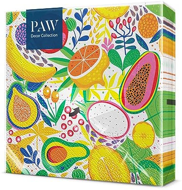 PAW - Servietten 3-lagig (33 x 33 cm) I 20 Stück I Perfekt für Geburtstage, Partys, Hochzeiten, Kommunion und Feiern I Papierservietten Bunt - Tropische Früchte I Tropical Delight