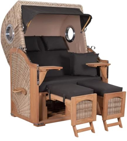 Strandkorb Teakholz Volllieger Strandstuhl Liegestuhl PE Geflecht Shell Düne TEAK Bullauge inkl. 4 Kissen+Wechselpolster - Strandkörbe aus Teak für Garten, Wintergarten und Terrassen (Dessin 548)