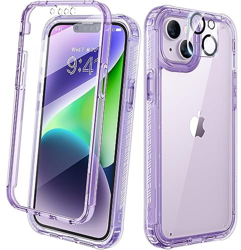 Diaclara Designed for iPhone 14 Case, Full Body Rugged Case with Built-in Touch Sensitive Anti-Scratch Screen Protector, with Camera Lens Protector (Clear Purple)