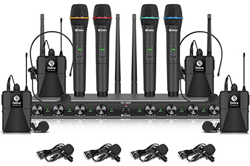 D Debra Audio AU800 Pro UHF Microfono portatile wireless a 8 canali, con 8 microfoni portatili senza fili, ricevitore in metallo, ideale per karaoke e feste in chiesa (con 4 palmari e 4 marsupi)
