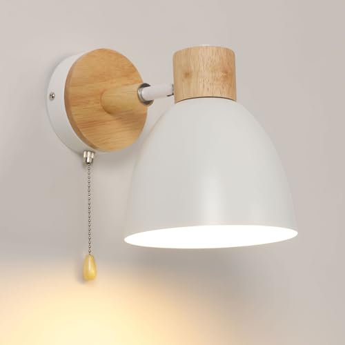 DAXGD Applique Murale Intérieur, Appliques en Bois E27, Lampe Murale avec Interrupteur Tirette Douille, Rotative à 360 ° pour Couloir d'étude de Chambre (Ampoule Non Incluse)