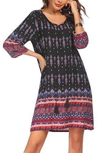 Zeagoo Women's Summer Boho Dresses 3/4 Sleeve V-Neck Floral Casual Ladies Beach Dress Black XXL