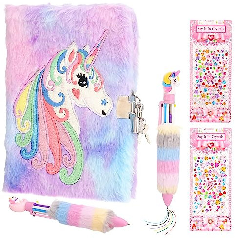 Heyu-Lotus Unicorn Gifts for Girls Unicorn Secret Diary with Lock Birthday Gifts for Girls Plush Journal Set with Unicorn 6-in-1 Ballpoint Pens Crystal Flower Heart Stickers for Children Writing