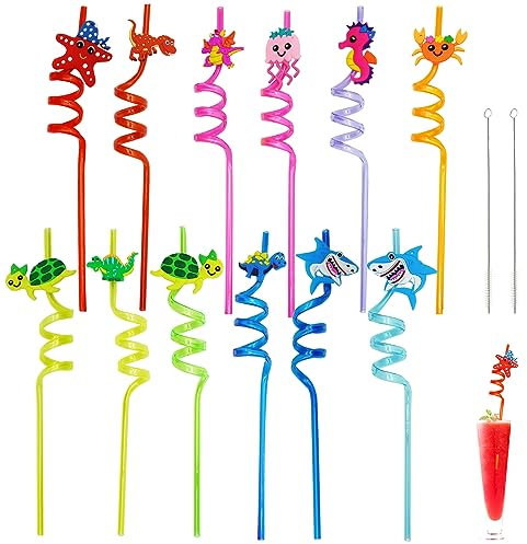 FINEASY 12PCS Plastic Straws for Kids with 2 Straw Brushes, Plastic Reusable Straws, Novelty Curly Party Straws for Kids Birthday