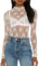 Naileksi Women Long Sleeve Sheer Mesh Top Mock Neck See Through Blouse Top Sexy High Neck Slim Fit Floral Lace Shirt Top, Cream, M