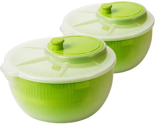 Salatschleuder mit Deckel Salat Trockner 2er Set Ø25 cm, Höhe 13 cm, 4 Liter Fassungsvermögen, mit Ausguss, Spülmaschinengeeignet Robustes PP Material, Grün/Transparent, Premium EU-Qualität