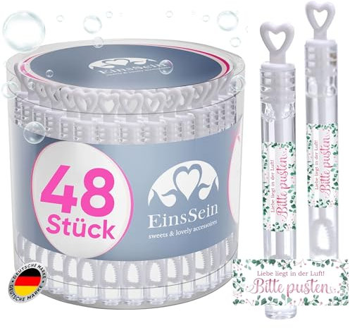 EinsSein 48 Seifenblasen Hochzeit Herzgläschen Liebe liegt in der Luft - Bitte pusten rosa-grün Set weiss Aufkleber Set weiss Gastgeschenke für die Hochzeit, Taufe - seifenblasen mit Freudentränen