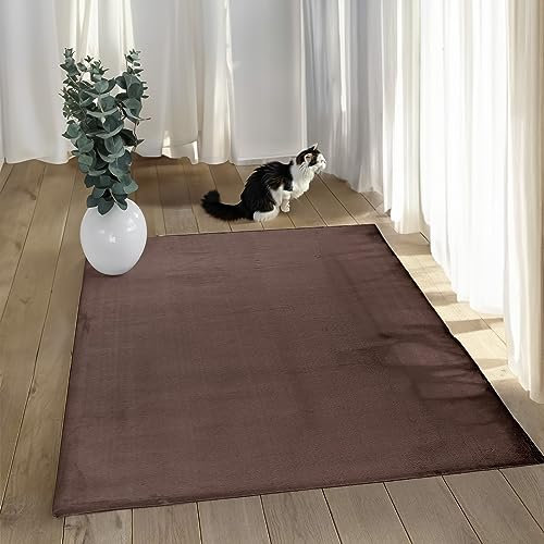 payé Teppich Wohnzimmer Hochflor - 160x230cm - Braun - Super Soft Kuschelweich Flauschig Modern Einfarbig Modern Weicher Schlafzimmerteppich