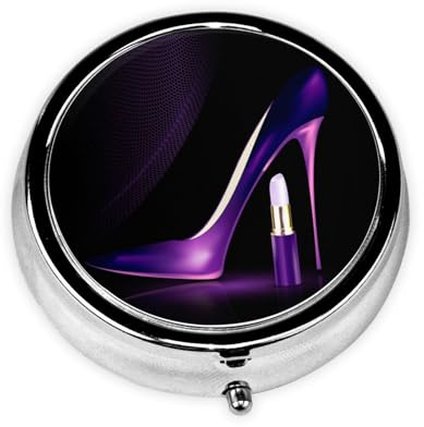 LAMAME Elegante violette High Heels mit Lippenstift bedruckte Mini-Pillendose, runde Pillendose, tragbare Aufbewahrungsbox