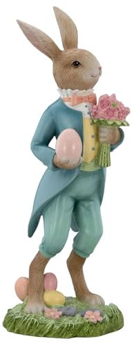 H.Bauer jun. große Deko Hasen Figur Kunststein 41.2 cm - stehender Osterdeko Hasen Mann bunt gegleidet mit Blumenstrauß - XXL Polyresin Osterhasen Frühjahresdeko zum hinstellen