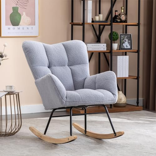 DEKKETO Schaukelstühle teddystoff, Gemütlicher Teddy Sessel Zum Stillen, Relaxstuhl Stillsessel Schaukelstuhl Holz für Wohnzimmer Schlafzimmer, Bequeme Lesesessel für Kinderzimmer, Grau
