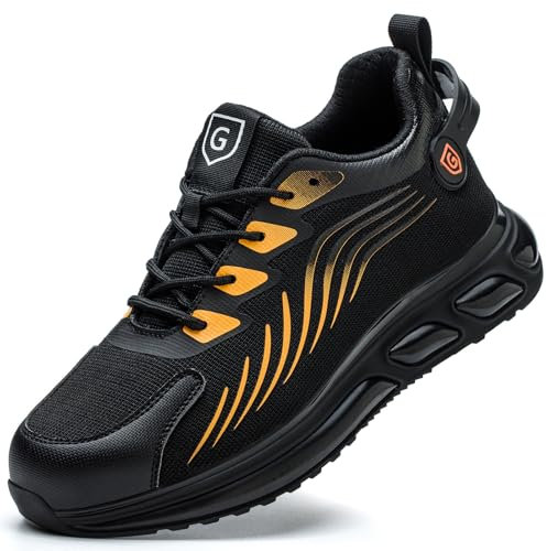 Sicherheitsschuhe Damen S2 Kochschuhe Herren Stahlkappenschuhe Herren rutschfest Atmungsaktiv Sportlich Arbeitsturnschuhe Safety Shoes Leicht Trekkingschuhe Schwarz Orange 45EU
