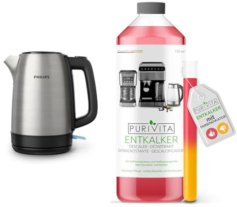 Philips Daily Collection Metall-Wasserkocher-Feder-Deckel & Purivita - Universal Entkalker 750 ml für Kaffeevollautomaten - Für alle bekannten Marken geeignet, 1 Flasche