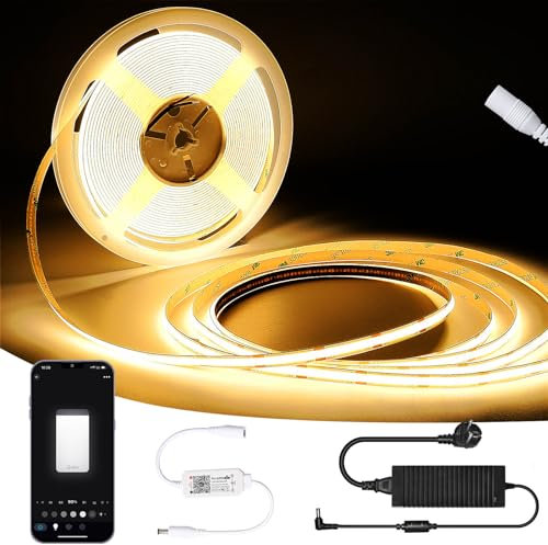 GEYUEYA Home COB LED Streifen 10M-Dimmbar LED Strip Warmweiss,WIFI 24V LED Band,8mm Breit,384LEDs/M,Sprachsteuerung,LED Streifen mit Netzteil für Schlafzimmer,Küche,Spiegel,Heimdekoration
