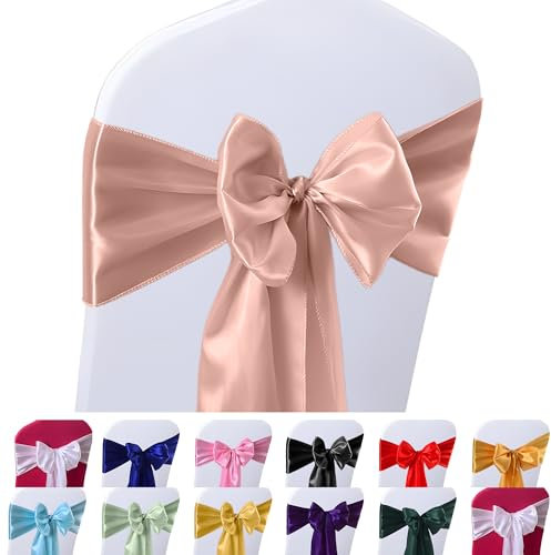 Vibera 100 PCS Rose Gold Satin Chair Sashes for Wedding Chair Bows Sashes Chair Ties Chair Cover Sashes for Folding Chairs for Thanksgiving Party Home Decorations（Rose Gold 7 x 108 inch）