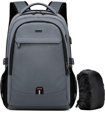 DUSLANG 17 Inch Laptop Backpack for Travel Water Resistant College Backpack for Men with USB Charging Port Rain Cover-Grey