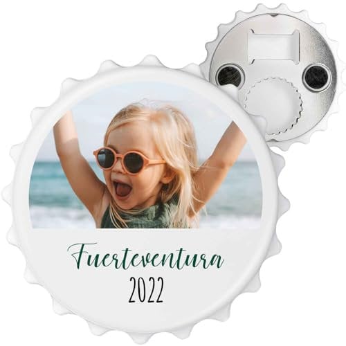GRAVURZEILE Abrebotellas personalizado en forma de tapón de corona – Personalizado con imagen propia y texto deseado – Para botellas con tapón de grano y tapón de rosca – Imán para nevera –