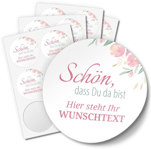 24 PERSONALISIERTE Aufkleber Schön dass Du da bist individualisiert anpassbar mit Ihrem Wunschtext Etiketten rund 4cm, rosa Blumen