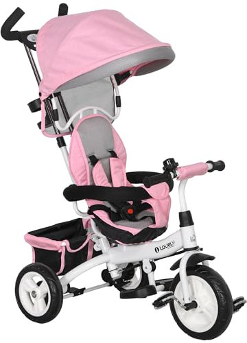 HOMCOM 6 in 1 Trike, Kids Tricycle, Pedal Push Bike w/Parent Handle, Removable Canopy, 5-Point Safety Belt, Storage, Footrest, Brake, for 1-5 Years Toddler, Pink