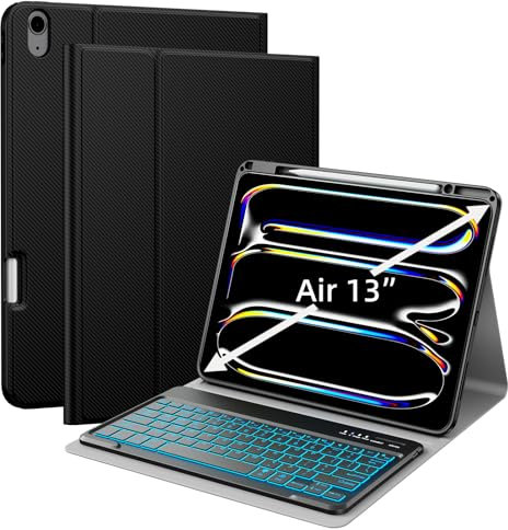 JUQITECH iPad Air 13 inch Keyboard Case 2025 2024, 7 Colors Backlit Bluetooth Removable Magnetic Keyboard Smart Multi-Angle Soft Folio PU Protective Cover Case with Apple Pencil Pro Holder, Black