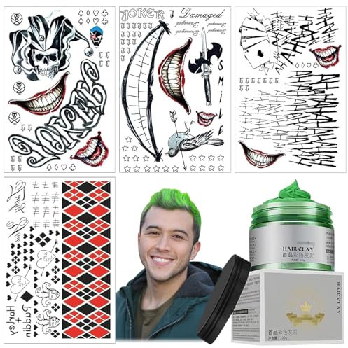 DOWNDRIFT Tatouage Joker,4 feuilles Tatouage Temporaire Joker 100g Cire Colorante Cheveux Vert,Faux Tatouage Autocollant,Tatouage Clown Autocollant,Encre pour Cheveux Temporaire pour Halloween