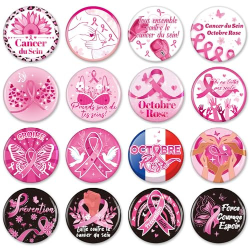 DPKOW 32pcs Français Octobre Rose Ruban Pin's Broches pour Sensibilisation au Cancer du Sein Rose Octobre Goodies Accessoires, Badges pour Octobre Rose Gadget Déco Déguisement Activité Octobre Rose