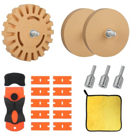 Worown 3-teilig Folienradierer, Radierscheibe, Radierrad, Kunststoffschaber und Lappen (insgesamt 15 Stück), inklusive Adapter für Akkuschrauber (1 x Ø 100 mm + 2 x Ø 88 mm)
