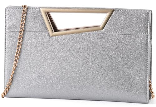 VX VONXURY Umhängetasche Damen Handtasche, Clutch Silber Klein Elegant Abendtasche Vegan Leder Geldbörsen für Hochzeit Party Abendessen