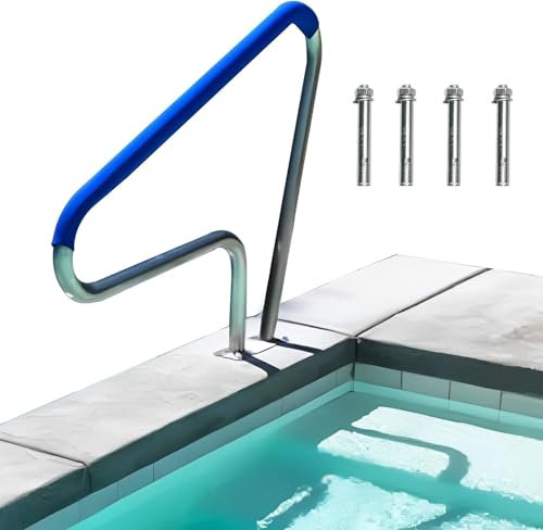 Pool-Handlauf 39X32, Schwimmbad-Treppengeländer, in den Boden eingelassener Pool-Handlauf mit einer Tragfähigkeit von 300 Pfund, Pool-Reling mit Schnellmontage-Grundplatte und blauer Griff
