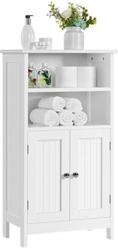 Yaheetech 5-Tier Bathroom Floor Cabinet, Double Door Wooden Storage Organizer with Adjustable Shelves, Freestanding Modern Design for Bathroom, Living Room and Kitchen