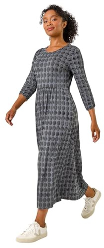 Roman Originals Midi Dress with Pockets for Women UK Ladies Stretchy Jersey Maxi Long 3/4 Length Sleeve Gathered High Waist Boho Flattering Skater Swing Fit Flare - Petite Grey - Size 10