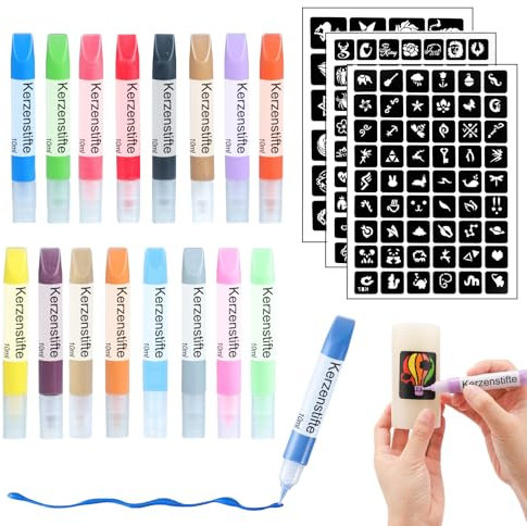 Ovaletta 16 Stück Kerzenstifte, Kerzen Bemalen Set, Wachsstifte für Kerzen, Candle Pen, Dekorieren und Personalisieren von Kerzen, Keramik Bemalen Set mit 3 Stück Kerzen Tattoo Schablonen, je 10 ml