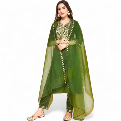 RangMahal - Set di pantaloni kurta indiani fatti a mano, in puro cotone, ricamati, da donna