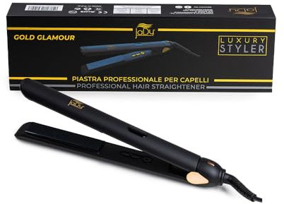 JaDy - Plancha para el pelo Gold Glamour | Calentamiento rápido en 10s | Cerámica turmalina anti-encrespamiento | Temp. ajustable 120-230°C | Apagado automático | Cable 360°, Negro