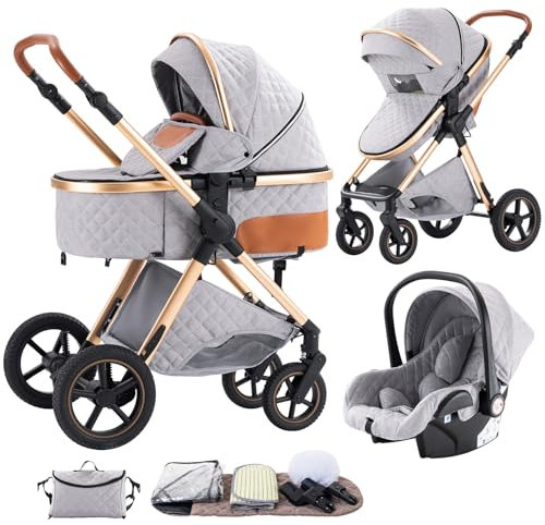 Shineey Kinderwagen 3 in 1, Kinderwagen Buggy Faltbarer Kinderwagen Set, Kombikinderwagen 3 in 1 mit Großer Bequemer Babywanne, Kinderwagen Rahmen Aluminiumlegierun