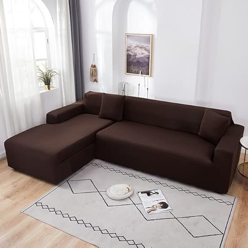 Elastische, einfarbige Sofabezüge für Wohnzimmer, Eckcouch, L-förmiger Chaiselongue-Stuhl-Schonbezug, 4-Sitzer, 235 x 300 cm, Dunkelkaffee