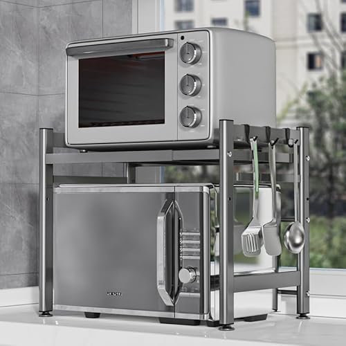 Vankarr Soporte para Microondas y Horno Cocina con 6 Ganchos, Estanteria para Microondas Encimera, Mueble Extensible Microondas Cocina