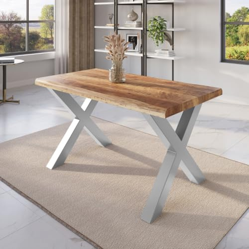 trelevo Esszimmertisch 160x85 cm Mango massiv X-Gestell Baumkante | Mangoholz, Tischplatte Natur/rau, Silber, Baumkantentisch