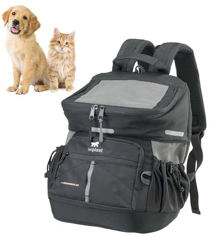 Ferplast Hunderucksack Voyager Backpack, Katzenrucksack, Hundetasche, Hundebox, Weite Öffnung, verstellbare Gurte, Sicherheitsgurt, mit Kissen, max. 10 kg, 29 x 21 x 36 H, Schwarz