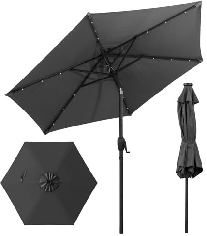 COSTWAY Sonnenschirm 230 cm mit LED-Solar-Beleuchtung, Gartenschirm mit Kurbel, beidseitig um 35° knickbar, Terrassenschirm mit 6 Rippen, Marktschirm für Garten, Balkon, Terrasse (Anthrazit)