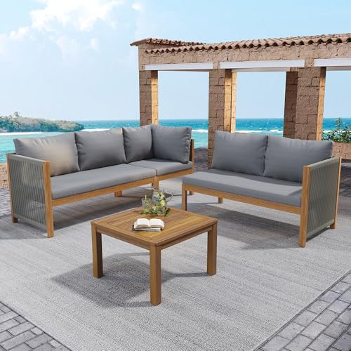 Merax 4-5 Sitzer Gartenmöbel-Set mit Ecksofa und Couchtisch, Akazienholzrahmen, Geflochtenes Seilhandwerk, Massivholz, Grau für Garten, Balkon, Terrasse