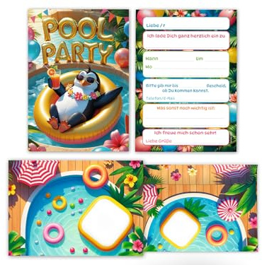 Junaversum 10 Einladungskarten inkl. 10 Umschläge zum Kindergeburtstag Schwimmbad Pool Party Pinguin Mädchen Jungen Kinder Einladungen Geburtstag Geburtstagseinladungen Kids