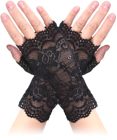 WLLHYF Fingerlose Damenhandschuhe Schwarz für Damen Halloween Fingerlose Handschuhe Braut Hochzeit Abschlussball 1920er Jahre Teeparty Brauthandschuhe für Hochzeitsfeierkostüm