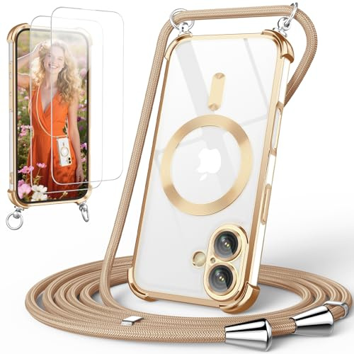 GOODVISH Handykette für iPhone 16 Hülle mit Band Magnetisch, Gold | mit 2 Stück Schutzfolie, mit Kamera Schutz, Necklace Handyhülle mit kette für 16 6,1, Transparent 360° Schutz Case