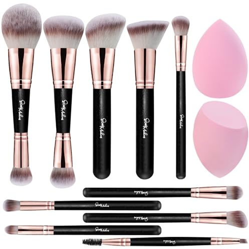 Start Makers 12 Piezas Brochas de Maquillaje Profesionales de Doble Cara Pincel Para Base de Maquillaje Colorete Correctores y Sombras de ojos con 2 Esponjas de Maquillaje
