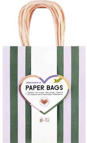 Folia 21827 - Paper Bags Stripes Glow UP M, 20 Papiertüten aus 110 g/m² FSC-Mix Papier in 4 Farben, ca. 18 x 21 x 8 cm, zum Basteln, Verzieren und Verschenken