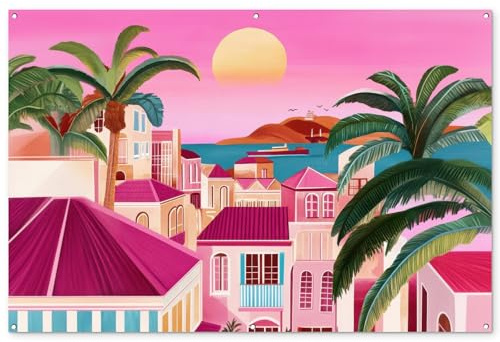 MuchoWow© Deco Jardin Exterieur 180x120 cm Décorative Poster Affiche Murale Decoration Balcon Décoration Extérieure Terrasse Déco Appartement Ville - Rose - Palmiers